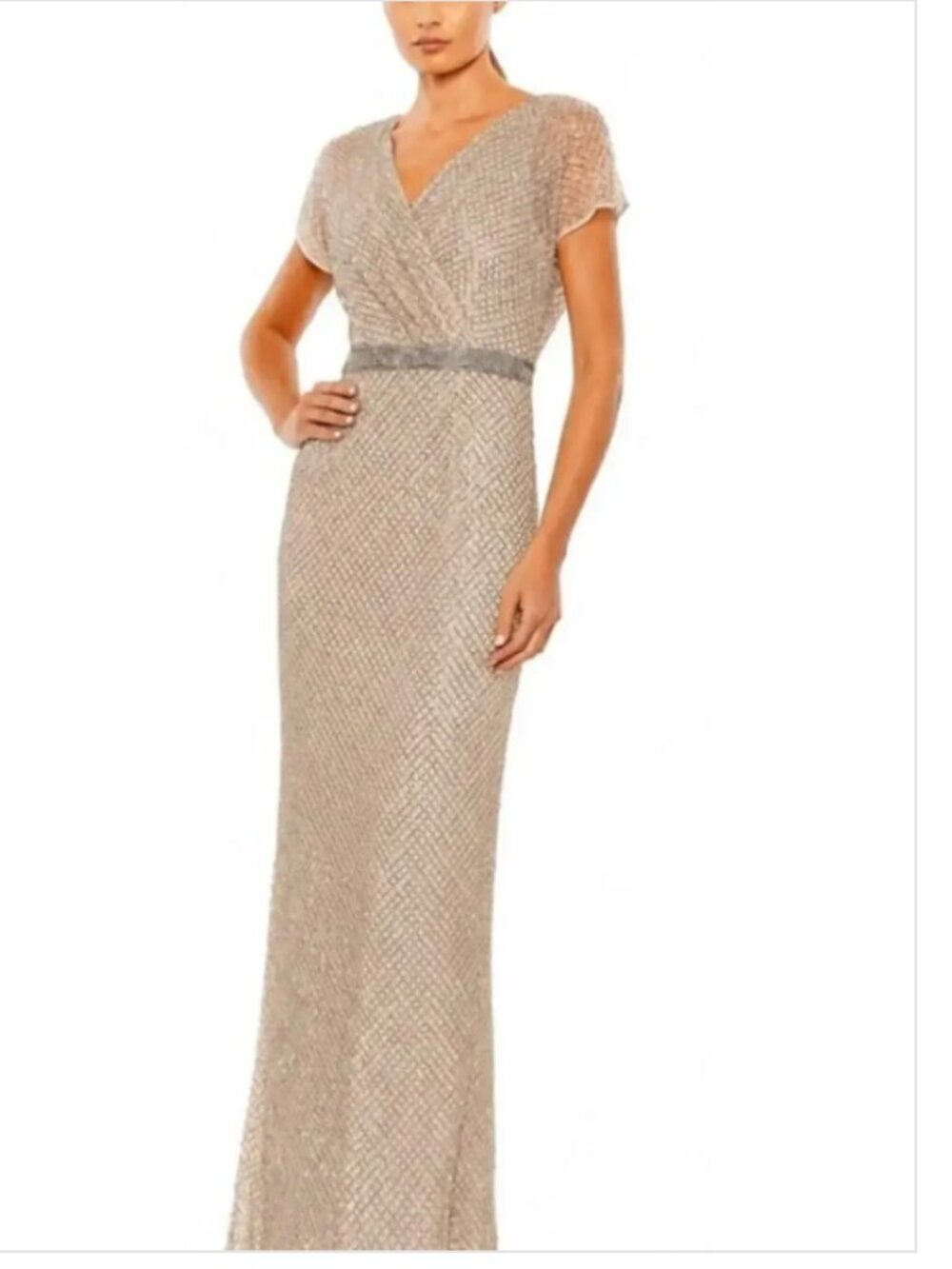 Mac Duggal 93678 Dress Embellished Beaded Gown Nude Silver NWT 4 MISSING BEADS